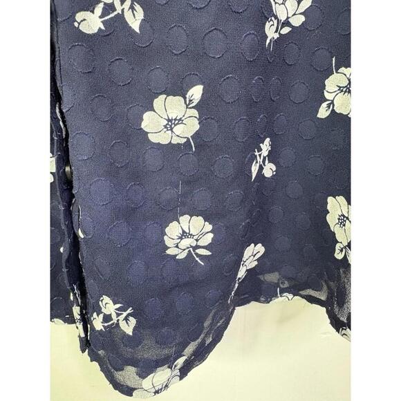 Ann Taylor Top Womens Large Ruffle V Neck Button Up Sheer Sleeve Navy Floral - Picture 7 of 11